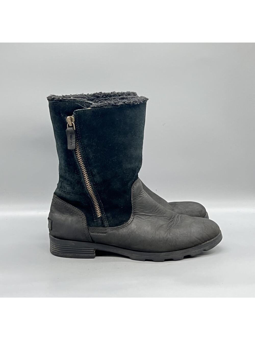 Sorel Boots Womens 9 Black Suede Mid Calf Faux Fur Lined Zip Winter Snow Shoes